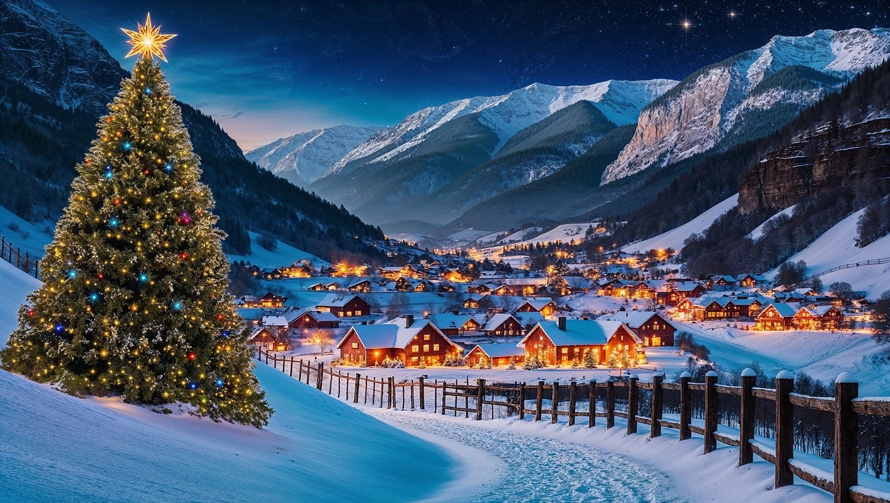 christmas, winter landscape, village